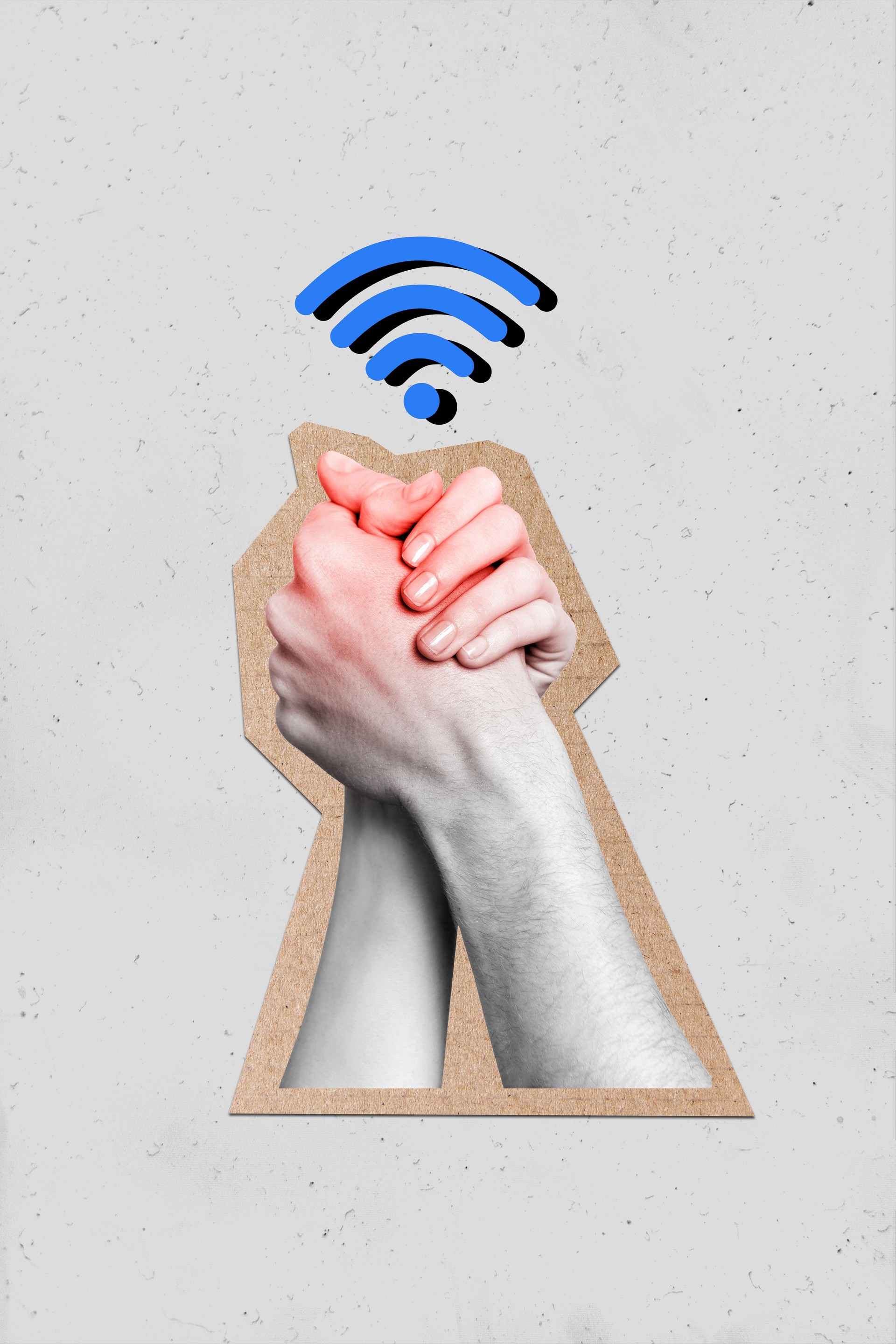 Creative retro 3d magazine collage image of arms supporting internet connecting isolated grey color background