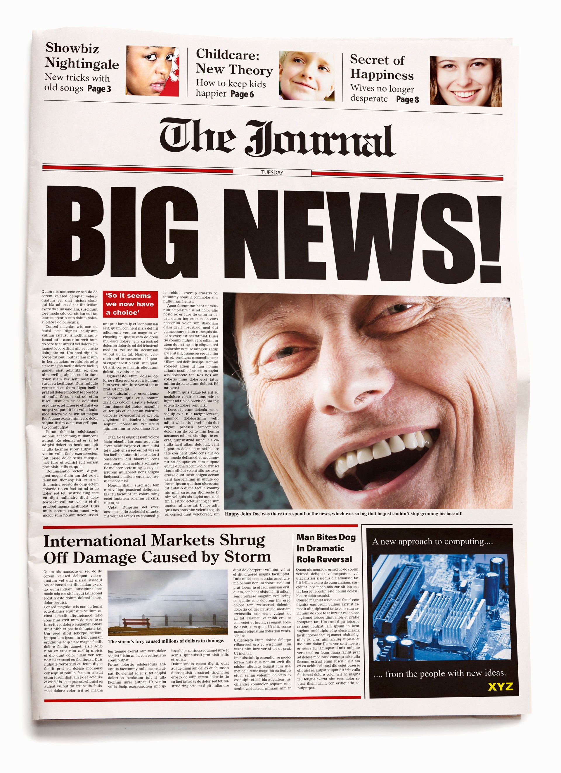 Newspaper front page reads "BIG NEWS!" with smiling man visual